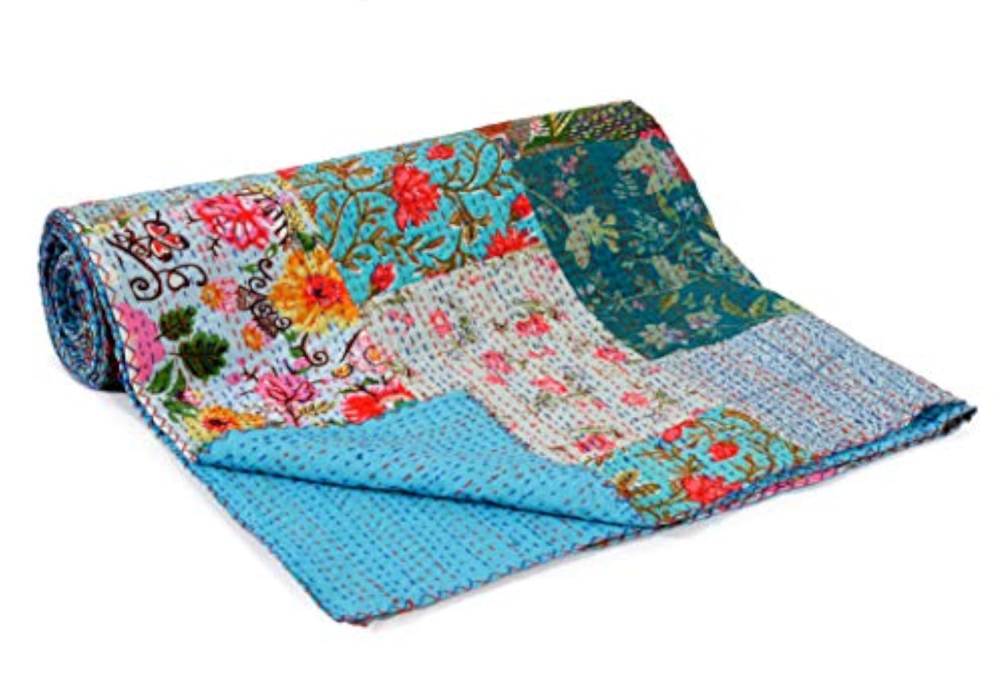 Patchwork Kantha Work Quilt Bedspread, Hand Printed